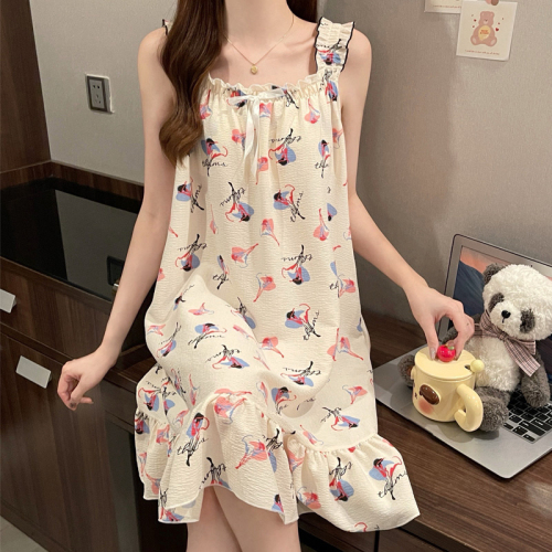 New pajamas for girls in summer with removable breast pads, Korean version of sweet suspenders, crepe cotton, mid-length home clothes