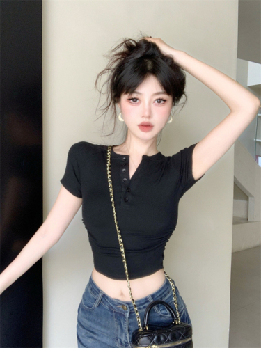 实拍 新款韩版简约短袖t恤女收腰显瘦设计感短款上衣潮
