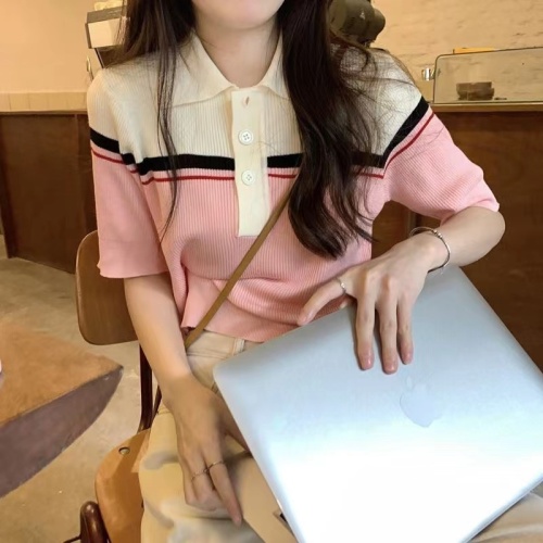 小香风粉色条纹针织短袖t恤女夏季独特别致polo领学院风短款上衣