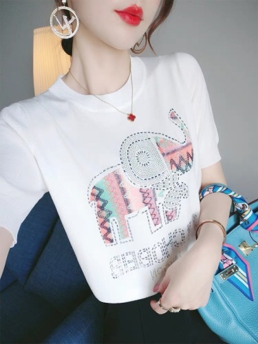 冰丝针织衫女夏季短袖T恤2024新款薄款重工钉珠刺绣独特设计上衣