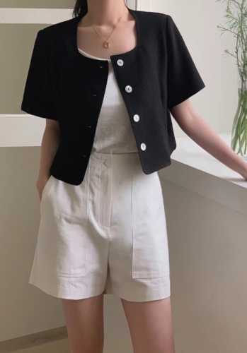 Korean chic socialite Xiaoxiang style square collar short coat women's spring and summer short-sleeved shirt top