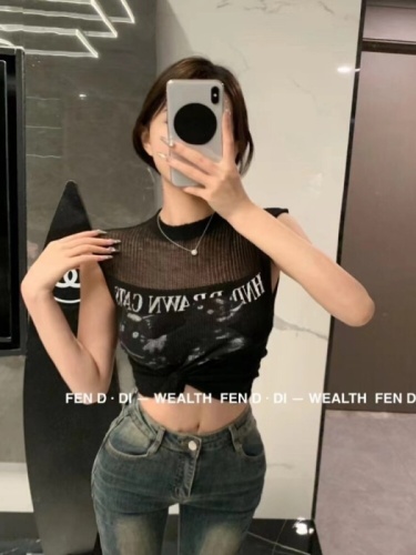 2024 spring and summer new style women's spicy black American hot girl racer vest women's short style slimming inner sleeveless top