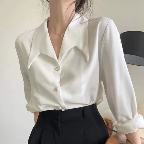 2024 French style large pointed collar white shirt women's long-sleeved design niche high-end white shirt professional top