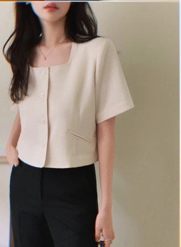 Korean chic socialite Xiaoxiang style square collar short coat women's spring and summer short-sleeved shirt top