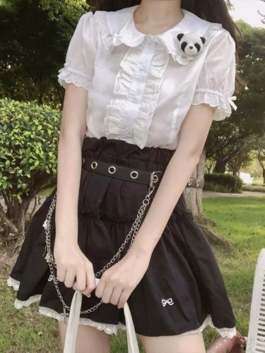 娃娃领衬衫甜美小个子夏季新款蝴蝶结lolita洋气花边短袖上衣少女