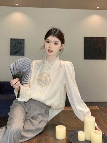 实拍新中式国风衬衫女春季复古盘扣立领刺绣衬衣超仙气质上衣