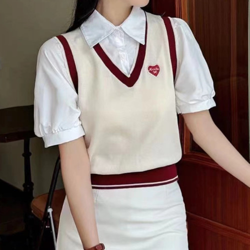 夏季新款韩版学院风polo领衬衣拼接假两件短袖上衣女