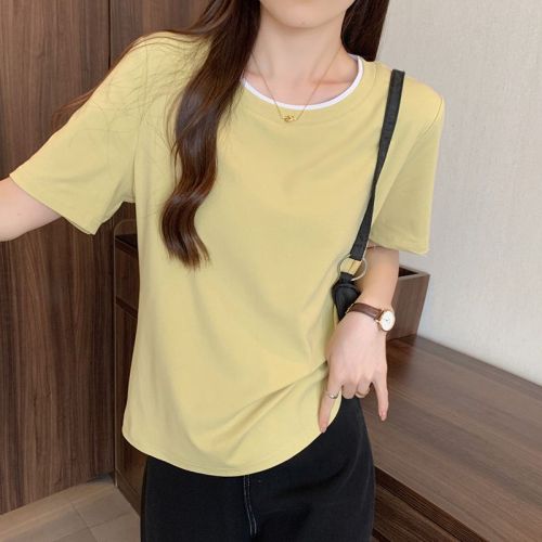 Actual shot of 2024 summer new style fat mm plus size fashionable and versatile slimming contrasting color patchwork hot girl short-sleeved T-shirt
