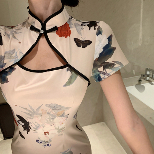 Actual shot of new women's retro national style pattern slim hip-covering improved cheongsam short-sleeved dress