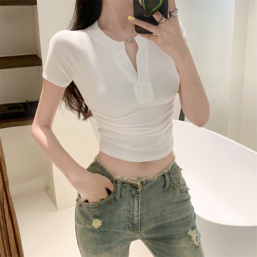 实拍 新款韩版简约短袖t恤女收腰显瘦设计感短款上衣潮