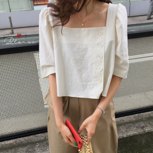 Korean chic simple square collar side button short puff sleeve shirt Korean style new style