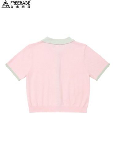 自由表现夏季新款原创小众时尚短袖小香风冰丝针织粉色短款上衣女