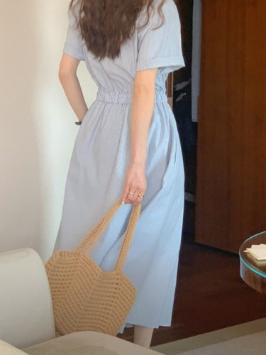 French retro temperament lapel elastic design high waist slimming loose shirt dress