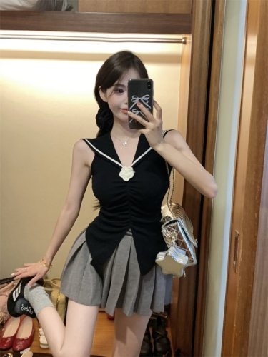 Fashionable and versatile solid color navy collar shoulder pleated vest women's new summer style temperament sleeveless slim top for women