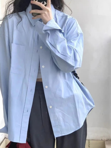 Non-shoot Spring and Summer Sunscreen Blue Shirt Loose Jacket Blouse Design Long-Sleeve French Chic Top