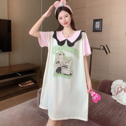 实拍夏季韩版新款睡裙女针织拉架冰爽棉短袖卡通学生甜美家居服