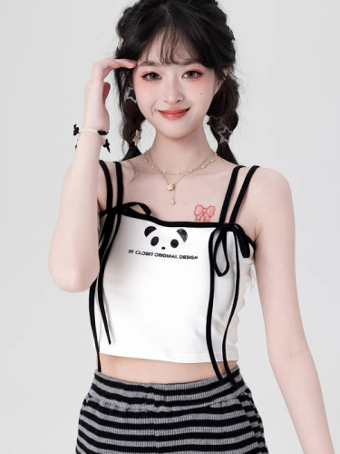 原创设计熊猫印花黑白色吊带背心外穿女2024夏季新款甜美内搭上衣