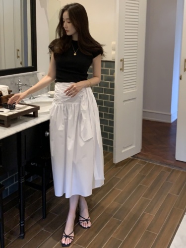 韩国chic法式复古优雅小众褶皱设计绑带长款半身裙伞裙2色