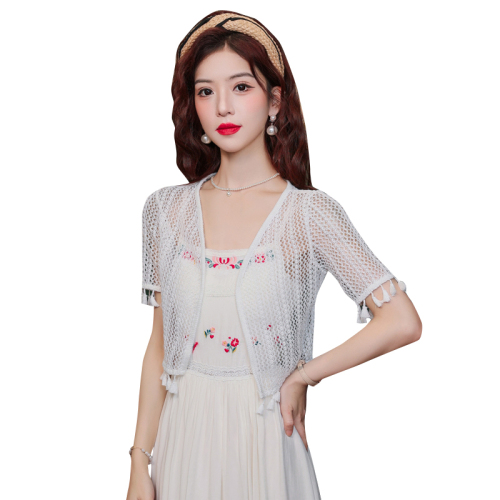 2024 summer new style lace hollow sun protection cardigan women's thin blouse suspender skirt with short shawl top