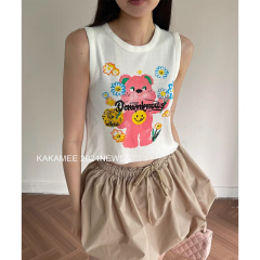 夏款塗鴉童趣可愛熊熊印花背心女設計感小眾藝術塗鴉無袖上衣