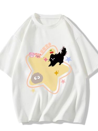 200g combed close-mesh worsted spun pure cotton, post-wrapping strip, spring and summer loose shoulder print short-sleeve T-shirt