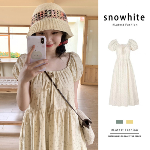 Sweet style age-reducing floral lace-up puff sleeve dress for women summer 2024 new style waist slimming over-the-knee long skirt