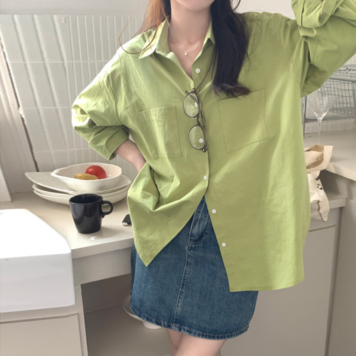 自制日系奶绿色衬衫女可盐可甜设计感小众潮宽松牛油果绿长袖衬衣