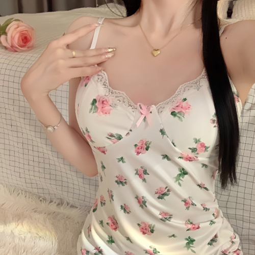 Actual shot of high-level tea art* summer floral first love suspender thin pajamas mesh lace trim pure lust nightgown