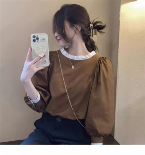 新款韩版宽松法式复古长袖衬衫设计感气质系带套头上衣女