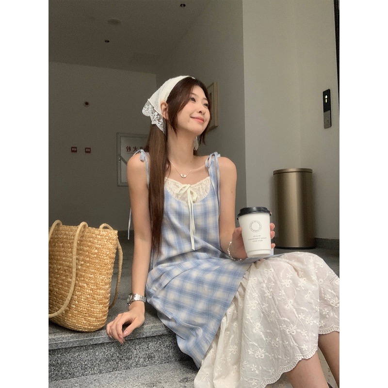 U77 Charming Two-Piece Patchwork Plaid Strap Dress for Women's Unique Design Loose Hips Dress for Summer 