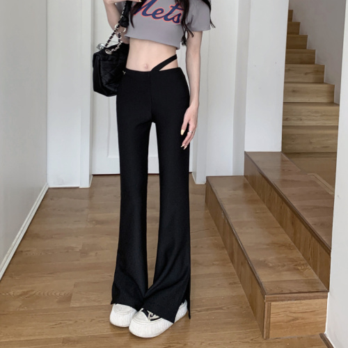 实拍夏季辣妹新款韩版设计感高腰显瘦黑色休闲裤复古微喇裤