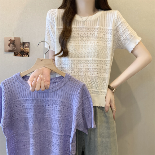 Korean chic summer sweet round neck pullover design hollow jacquard puff sleeve thin knitted sweater top for women