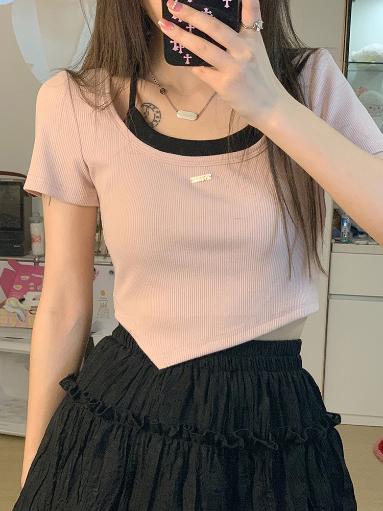 粉掛脖吊帶假兩件上衣女夏修身顯瘦薄款T恤設計感小眾