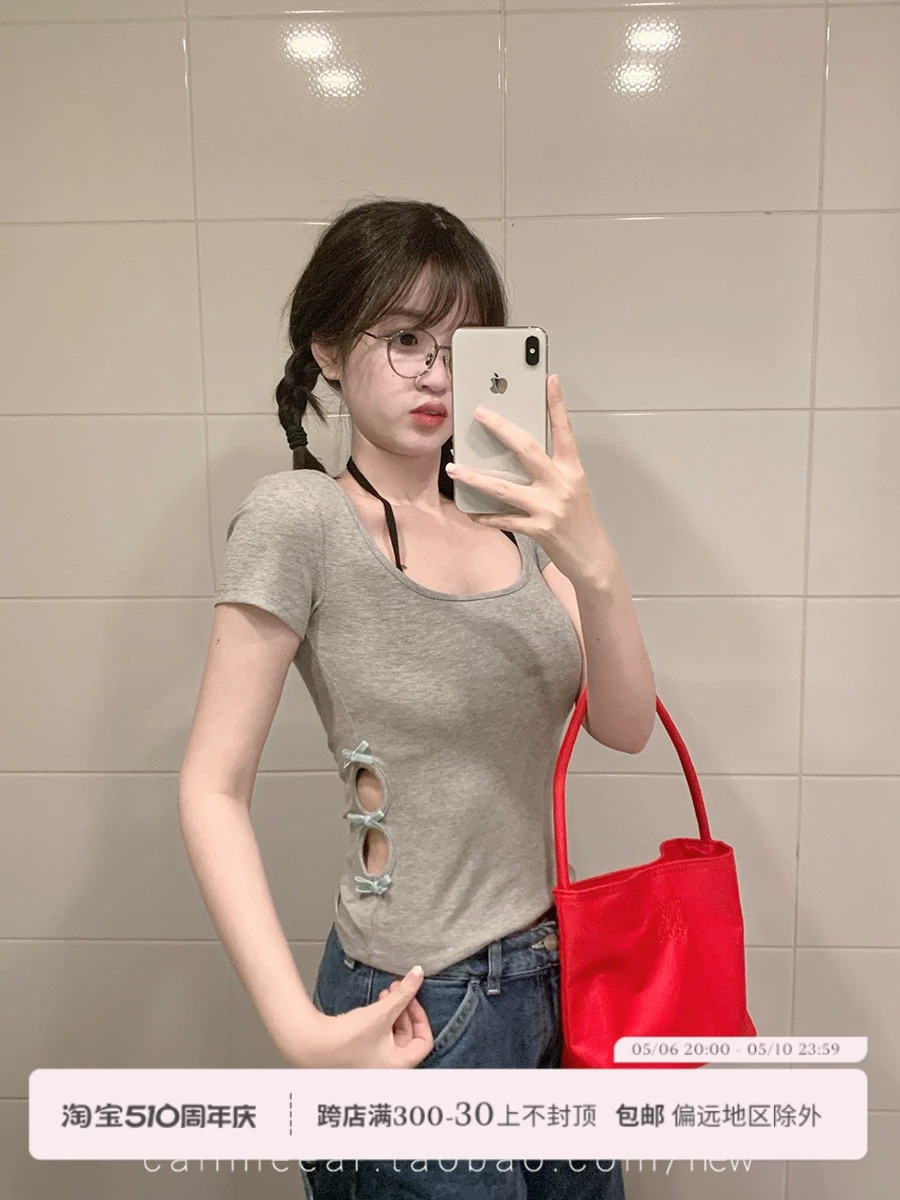 CallmeEar//Bowknot effect hollow short-sleeved T-shirt women's summer pure lust hottie T-shirt top