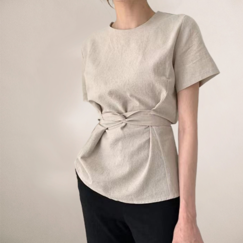 韩国chic新款设计感小众棉麻衬衫新款夏洋气系带收腰显瘦港味上衣