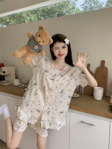 Real shot of summer floral lace splicing short-sleeved shorts two-piece set sweet pajamas and home clothes set