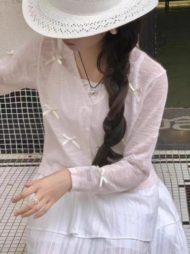 天猫质量蝴蝶结针织开衫女夏季2024新款薄款长袖上衣防晒衫