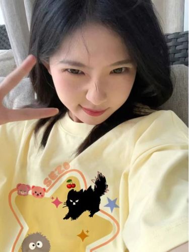 200g combed close-mesh worsted spun pure cotton, post-wrapping strip, spring and summer loose shoulder print short-sleeve T-shirt