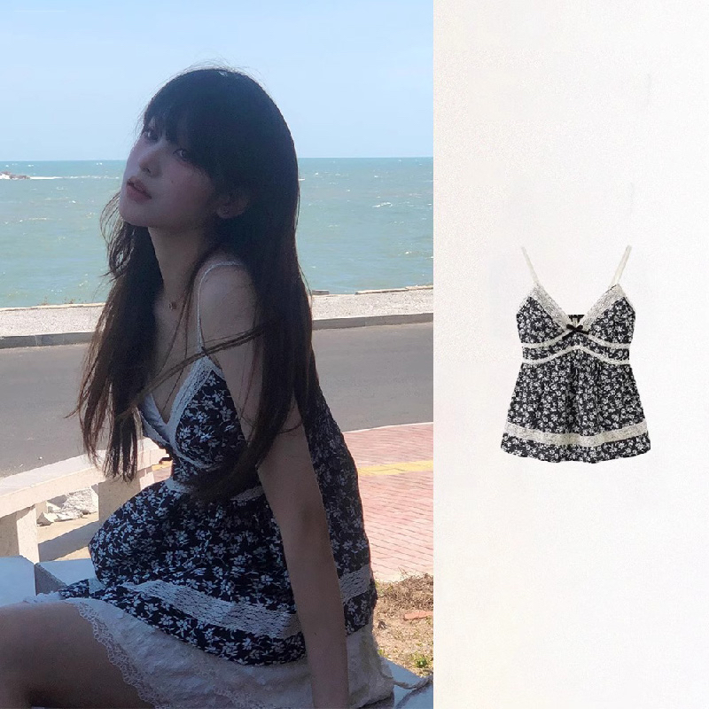 碎花無袖上衣女夏季新款小個子絕美拼接吊帶設計感小眾