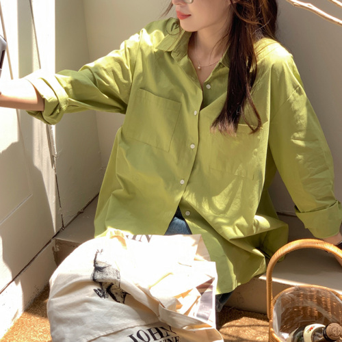 芥末绿衬衫ins少女洋气显白抹茶绿上衣设计感小个子奶绿色衬衣潮