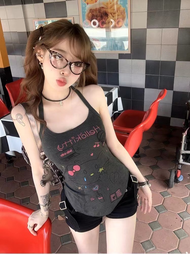 Suuuicee 凱蒂教主 手繪塗鴉Kitty貓背心女撞色設計辣妹純欲上衣