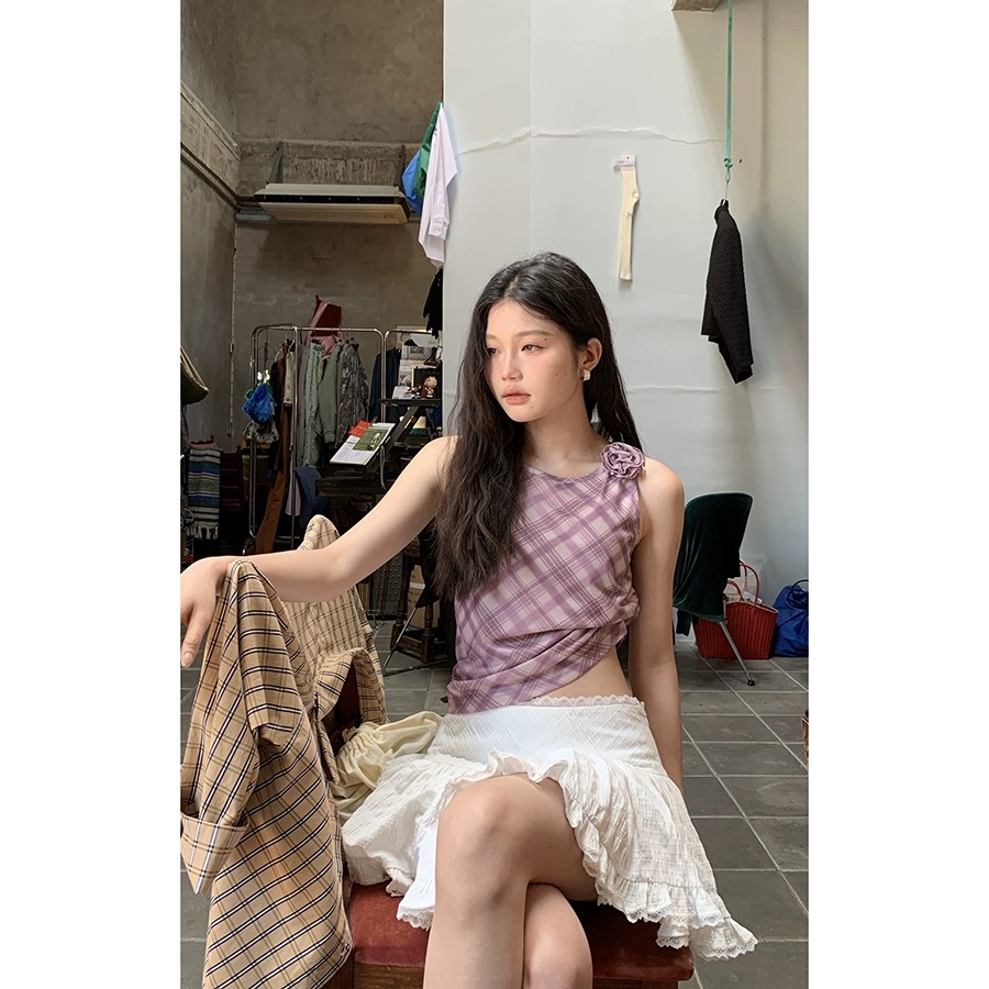 Hellooo Eat 粉色格紋背心2024春季韓版小眾設計感小花無袖上衣女