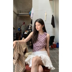 Hellooo Eat Pink Gingham V-Neck Top 2024 Spring Korean Version Unique Design Small Floral Print Sleeveless Blouse for Women