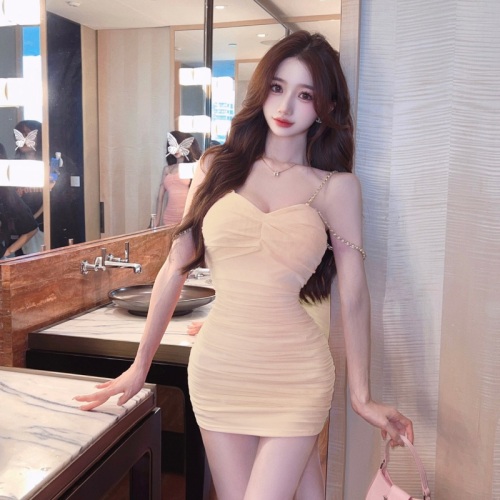 Real shot of pure lust style sexy metal chain decoration slim mesh suspender candy color hip-hugging dress