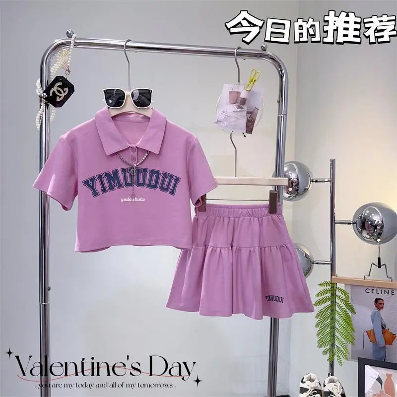 女童夏季網紅套裝2024新款兒童POLO領短袖百褶裙韓版寬鬆兩件套潮