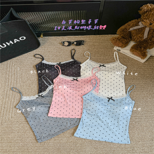 Real shot!  Sweet lace edge bow pink polka dot tank top with breast pads slim hot girl suspender belt