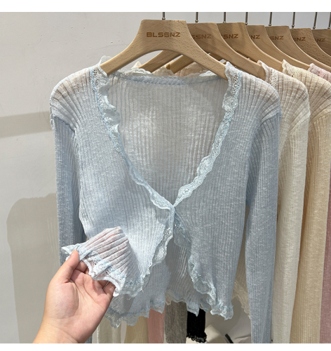 V-neck fungus edge ice silk knitted sunscreen cardigan for women summer thin outer matching skirt top shawl air-conditioning shirt