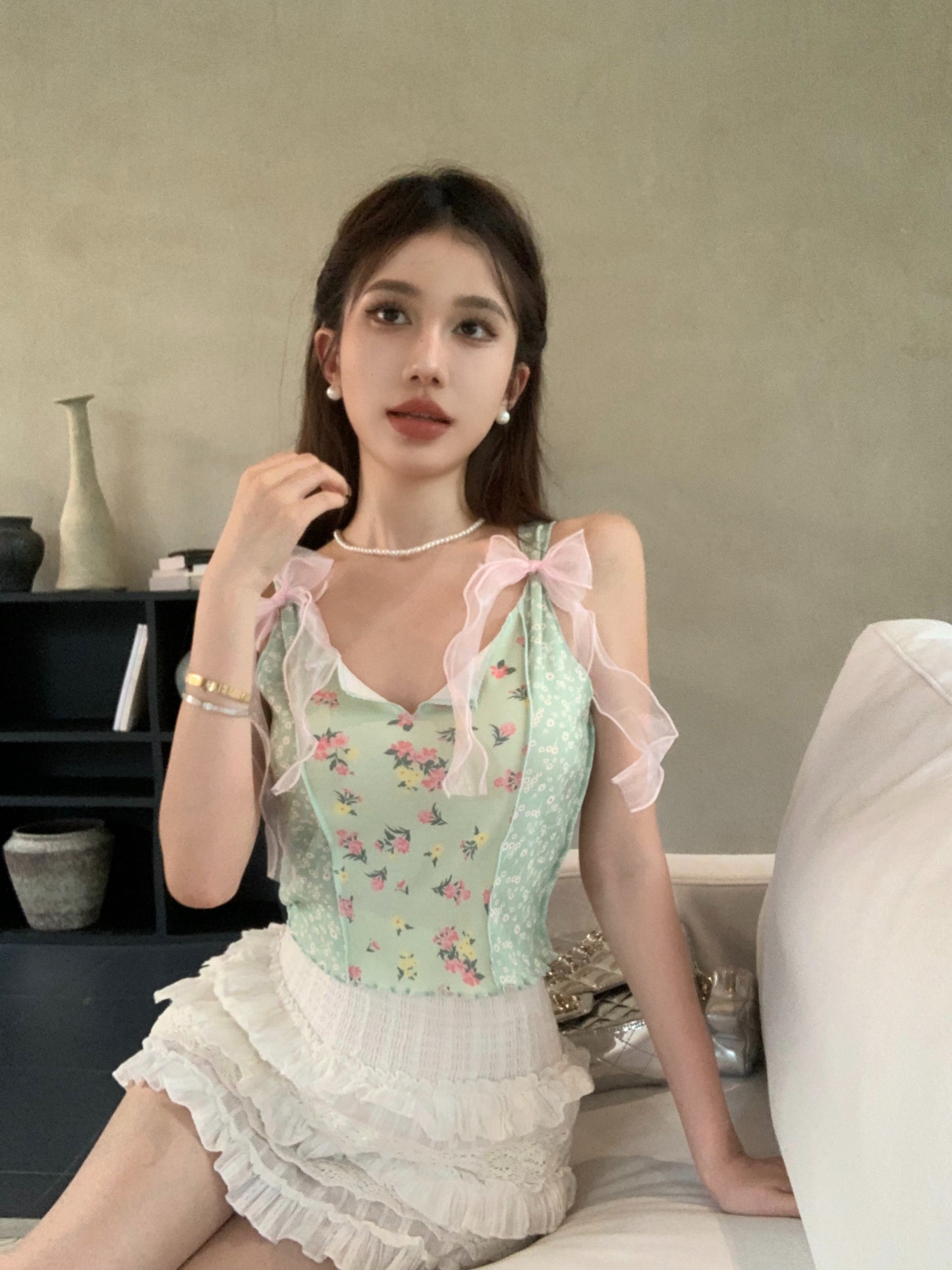 實拍 粉綠碎花美式甜心芭蕾少女粉紗魚骨飄帶拼接短款背心