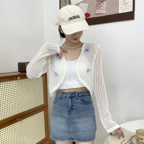 Tmall quality 2024 new summer Korean style design butterfly decorative hollow sun protection tops for women