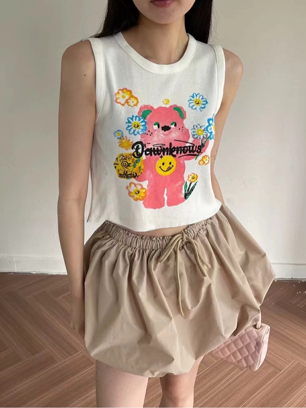 Women's Tank Top with Summer Cartoon Bear Print, Cute and Artistic, Design-Oriented, Uncommon Doodle Style